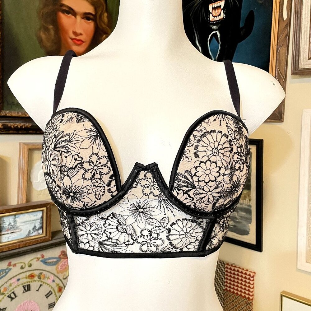 Victoria's Secret Tan Longline Balconette Bra Bustier with Black Lace 36C